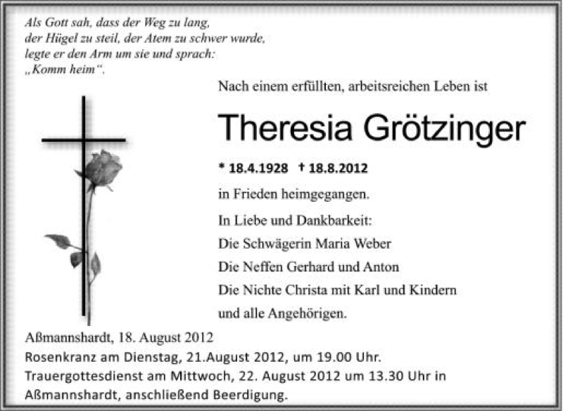 Traueranzeige für Theresia Grötzinger vom 21.08.2012 aus Schwäbische Zeitung