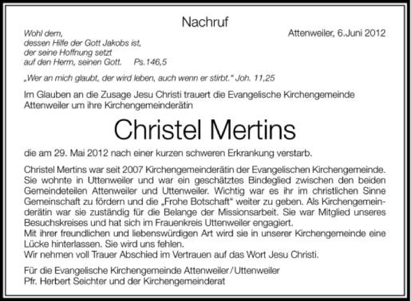  Traueranzeige für Christel Mertins vom 09.06.2012 aus Schwäbische Zeitung