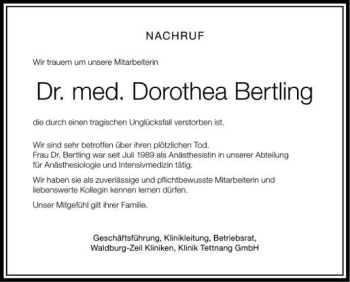 Anzeige von Dorothea Bertling von Schwäbische Zeitung