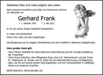 Anzeige von Gerhard Frank von Schwäbische Zeitung
