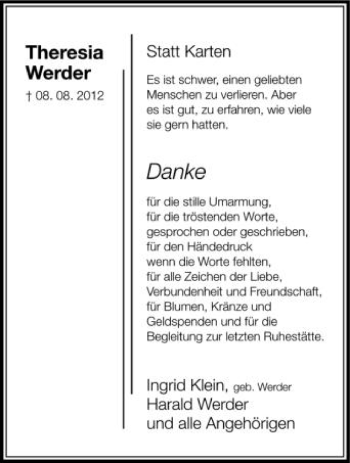 Anzeige von Theresia Werder von Schwäbische Zeitung