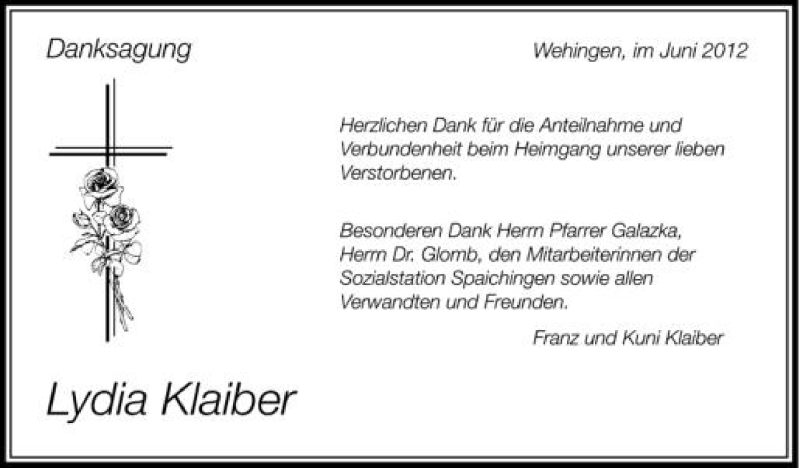  Traueranzeige für Lydia Klaiber vom 16.06.2012 aus Schwäbische Zeitung