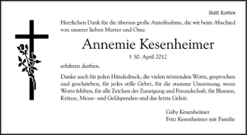 Anzeige von Annemie Kesenheimer von Schwäbische Zeitung