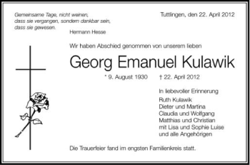 Anzeige von Georg Emanuel Kulawik von Schwäbische Zeitung