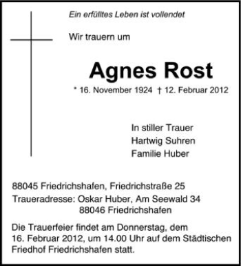 Anzeige von Agnes Rost von Schwäbische Zeitung
