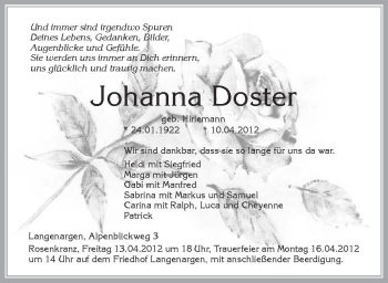 Anzeige von Johanna Doster von Schwäbische Zeitung
