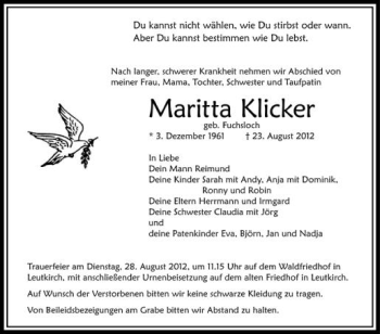 Anzeige von Maritta Klicker von Schwäbische Zeitung