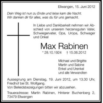Anzeige von Max Rabinen von Schwäbische Zeitung