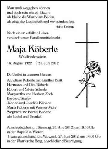 Anzeige von Maja Köberle von Schwäbische Zeitung