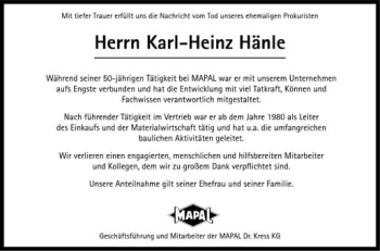 Anzeige von Karl-Heinz Hänle von Schwäbische Zeitung