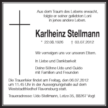 Anzeige von Karlheinz Stellmann von Schwäbische Zeitung