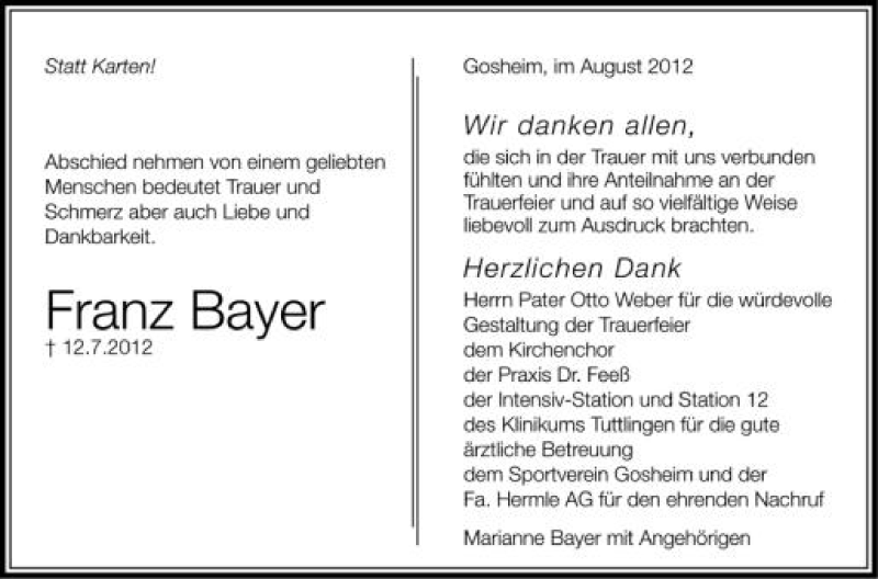  Traueranzeige für Franz Bayer vom 04.08.2012 aus Schwäbische Zeitung