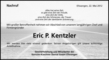 Anzeige von Eric P. Kentzler von Schwäbische Zeitung