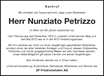 Anzeige von Nunziato Petrizzo von Schwäbische Zeitung