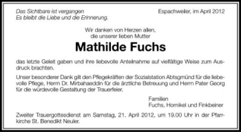 Anzeige von Mathilde Fuchs von Schwäbische Zeitung