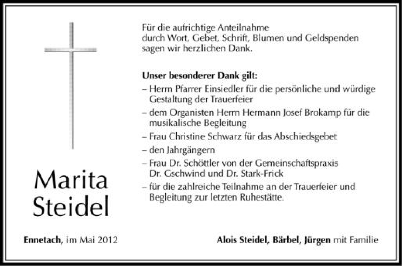  Traueranzeige für Marita Steidel vom 12.05.2012 aus Schwäbische Zeitung