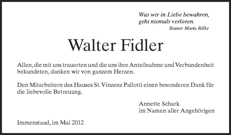  Traueranzeige für Walter Fidler vom 05.05.2012 aus Schwäbische Zeitung