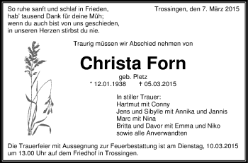 Anzeige von Christa Forn von Schwäbische Zeitung