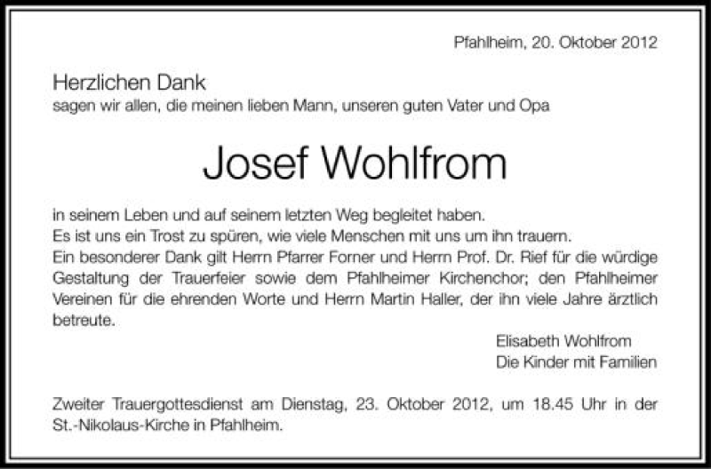  Traueranzeige für Josef Wohlfrom vom 20.10.2012 aus Schwäbische Zeitung