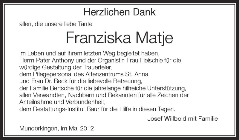  Traueranzeige für Franziska Matje vom 23.05.2012 aus Schwäbische Zeitung
