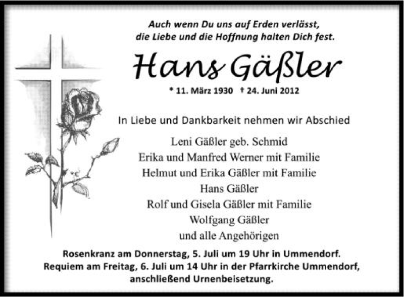  Traueranzeige für Hans Gäßler vom 04.07.2012 aus Schwäbische Zeitung
