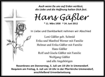 Anzeige von Hans Gäßler von Schwäbische Zeitung