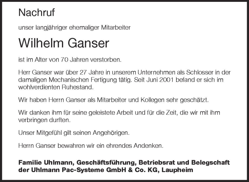  Traueranzeige für Wilhelm Ganser vom 31.05.2012 aus Schwäbische Zeitung
