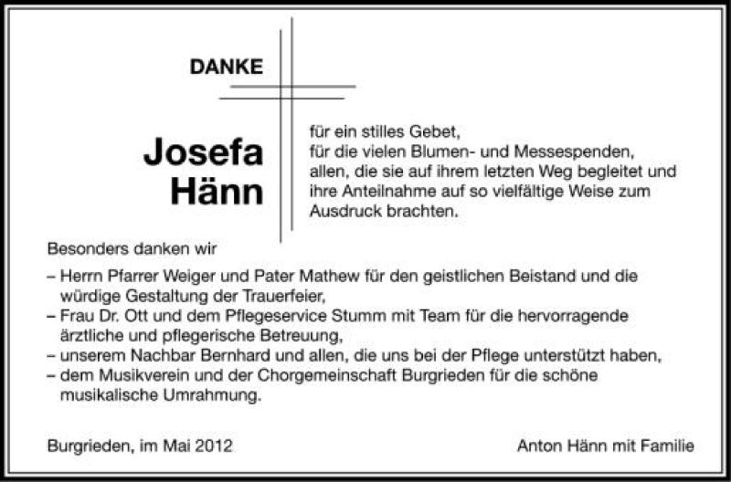  Traueranzeige für Josefa Hänn vom 19.05.2012 aus Schwäbische Zeitung
