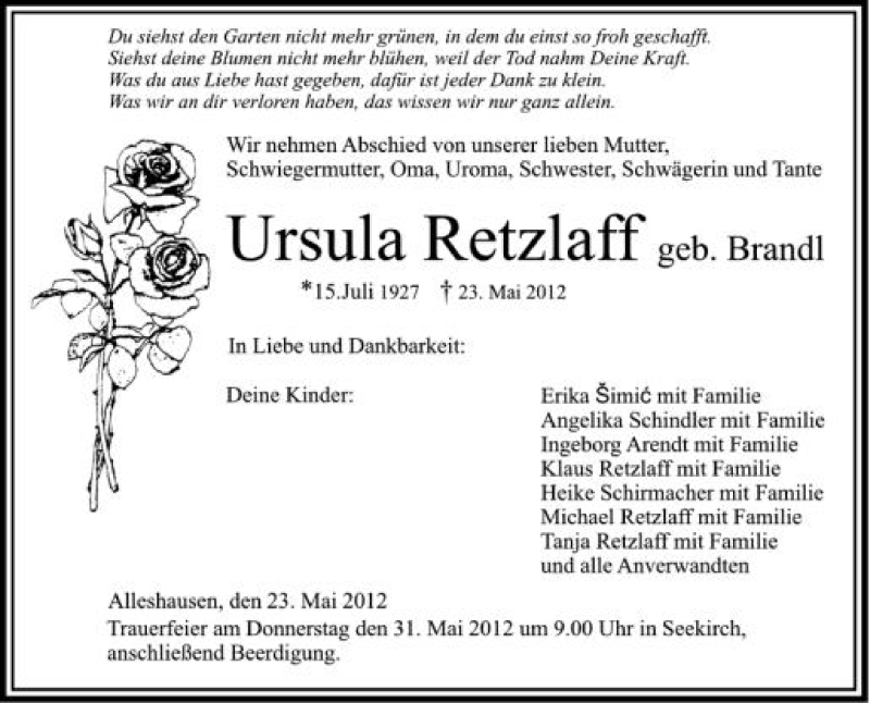  Traueranzeige für Ursula Retzlaff vom 29.05.2012 aus Schwäbische Zeitung