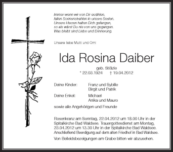 Anzeige von Ida Rosina Daiber von Schwäbische Zeitung