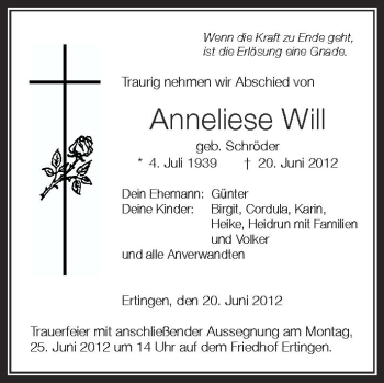 Anzeige von Anneliese Will von Schwäbische Zeitung