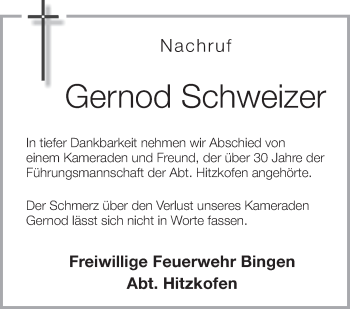 Anzeige von Gernod Schweizer von Schwäbische Zeitung