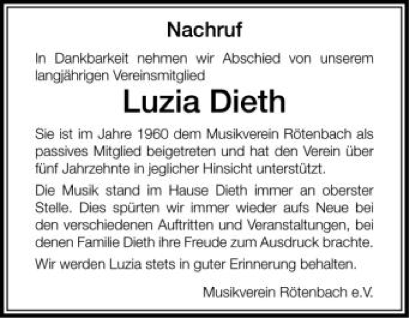  Traueranzeige für Luzia Dieth vom 04.08.2012 aus Schwäbische Zeitung