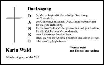 Anzeige von Karin Wald von Schwäbische Zeitung