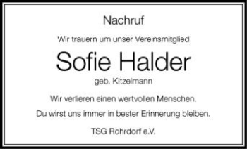 Anzeige von Sofie Halder von Schwäbische Zeitung