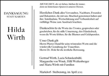 Anzeige von Hilda Wirth von Schwäbische Zeitung