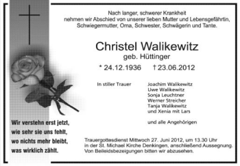 Anzeige von Christel Walikewitz von Schwäbische Zeitung