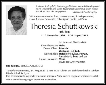 Anzeige von Theresia Schuttkowski von Schwäbische Zeitung