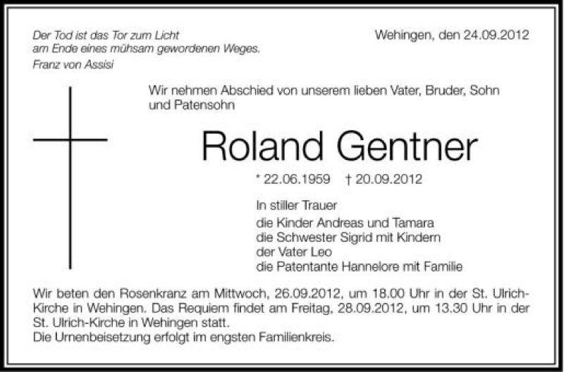  Traueranzeige für Roland Gentner vom 26.09.2012 aus Schwäbische Zeitung