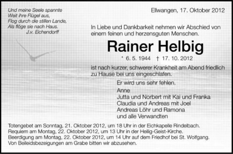  Traueranzeige für Rainer Helbig vom 20.10.2012 aus Schwäbische Zeitung