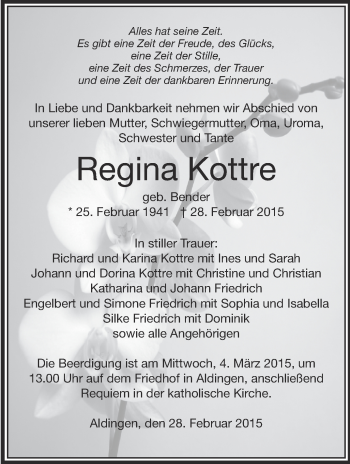 Anzeige von Regina Kottre von Schwäbische Zeitung
