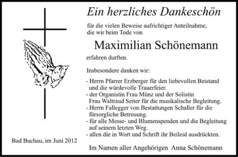  Traueranzeige für Maximilian Schönemann vom 15.06.2012 aus Schwäbische Zeitung