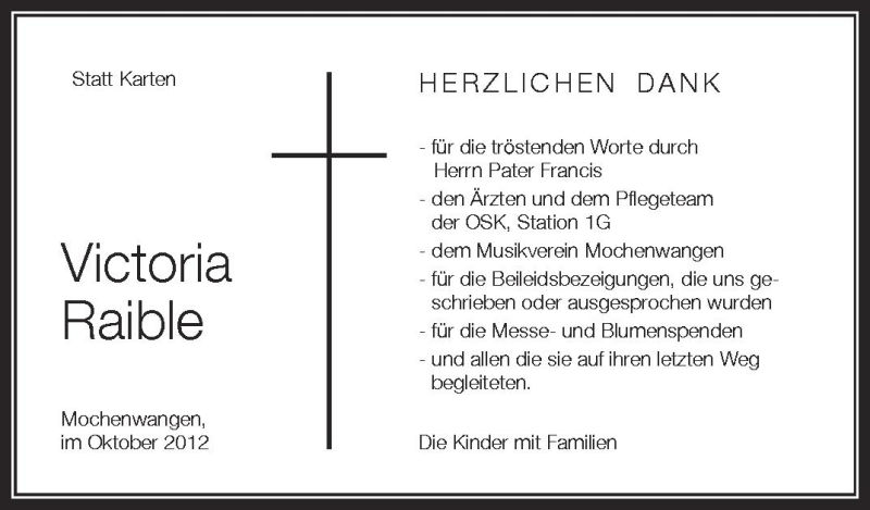  Traueranzeige für Victoria Raible vom 11.10.2012 aus Schwäbische Zeitung