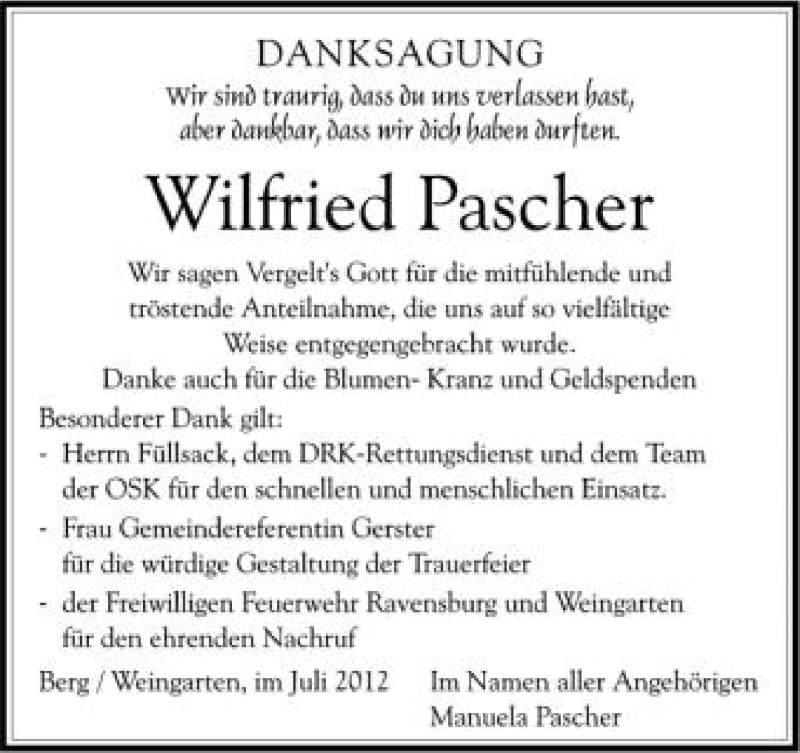  Traueranzeige für Wilfried Pascher vom 13.07.2012 aus Schwäbische Zeitung