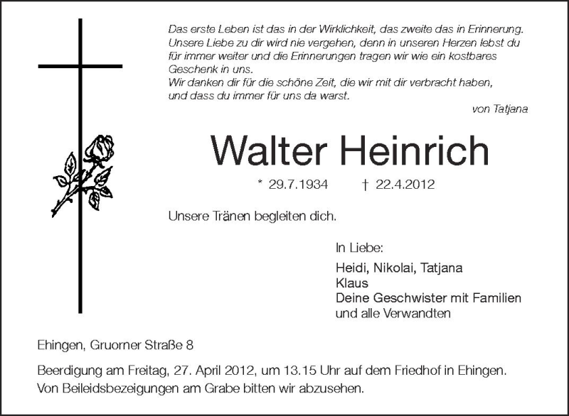  Traueranzeige für Walter Heinrich vom 25.04.2012 aus Schwäbische Zeitung