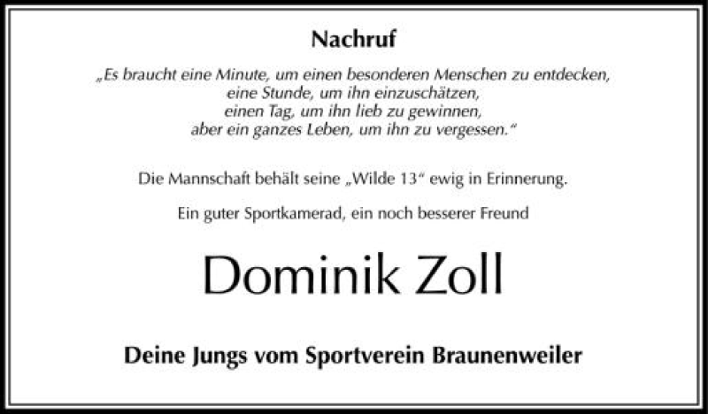  Traueranzeige für Dominik Zoll vom 04.09.2012 aus Schwäbische Zeitung