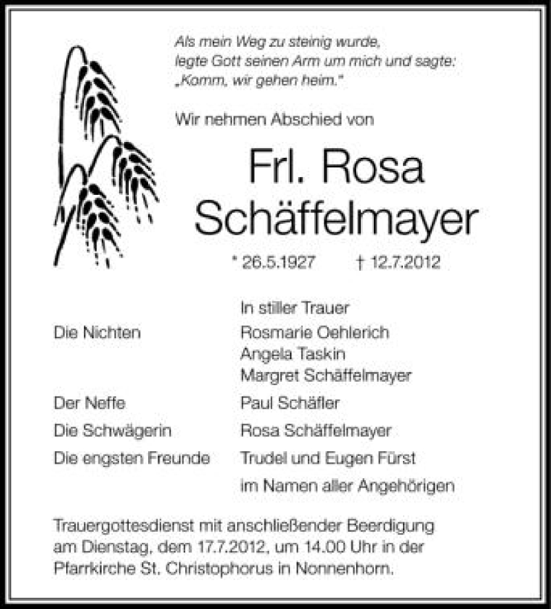  Traueranzeige für Rosa Schäffelmayer vom 16.07.2012 aus Schwäbische Zeitung