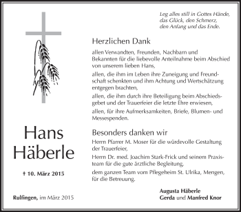 Anzeige von Hans Häberle von Schwäbische Zeitung