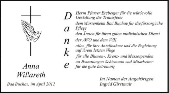 Anzeige von Anna Willareth von Schwäbische Zeitung
