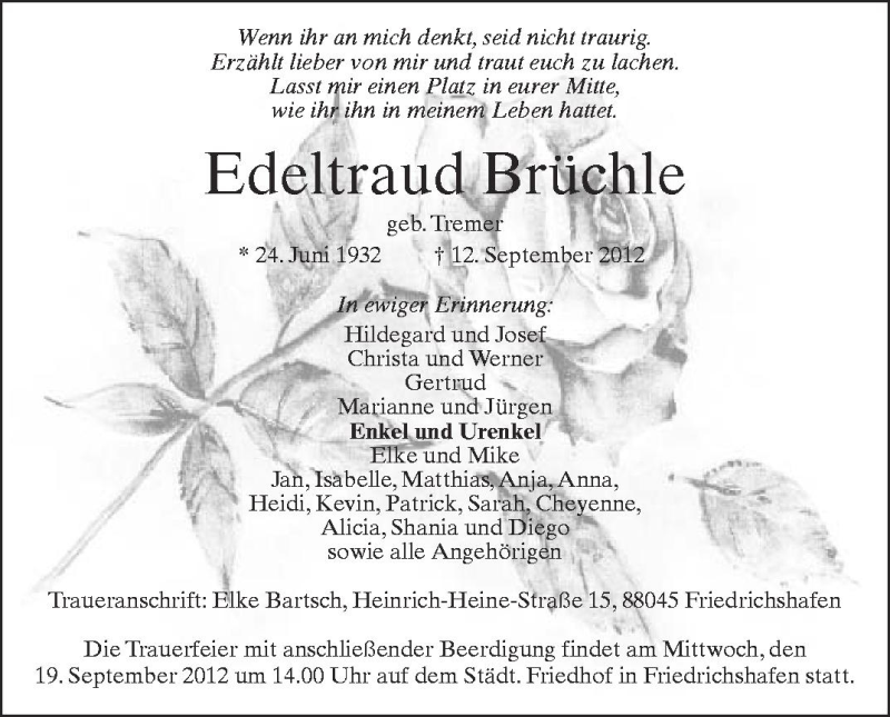  Traueranzeige für Edeltraud Brüchle vom 15.09.2012 aus Schwäbische Zeitung